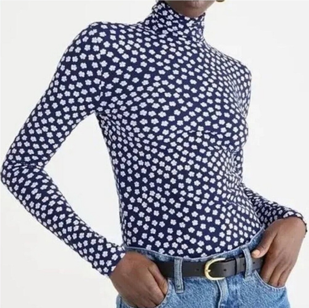 J. Crew Navy Floral Long Sleeve Matte Jersey Turtleneck Size Large